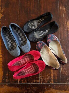4 Pair Time and Tru Ballet Flats: Denim, Red, Black, Navy Floral, size 8 1/2